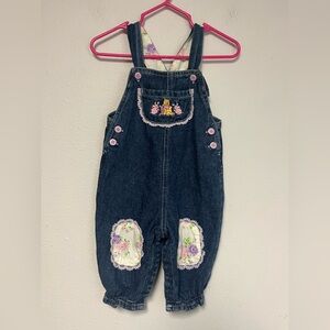 Vintage Disney Winnie The Pooh Denim Overalls Floral Lace Patch 6-9 Month